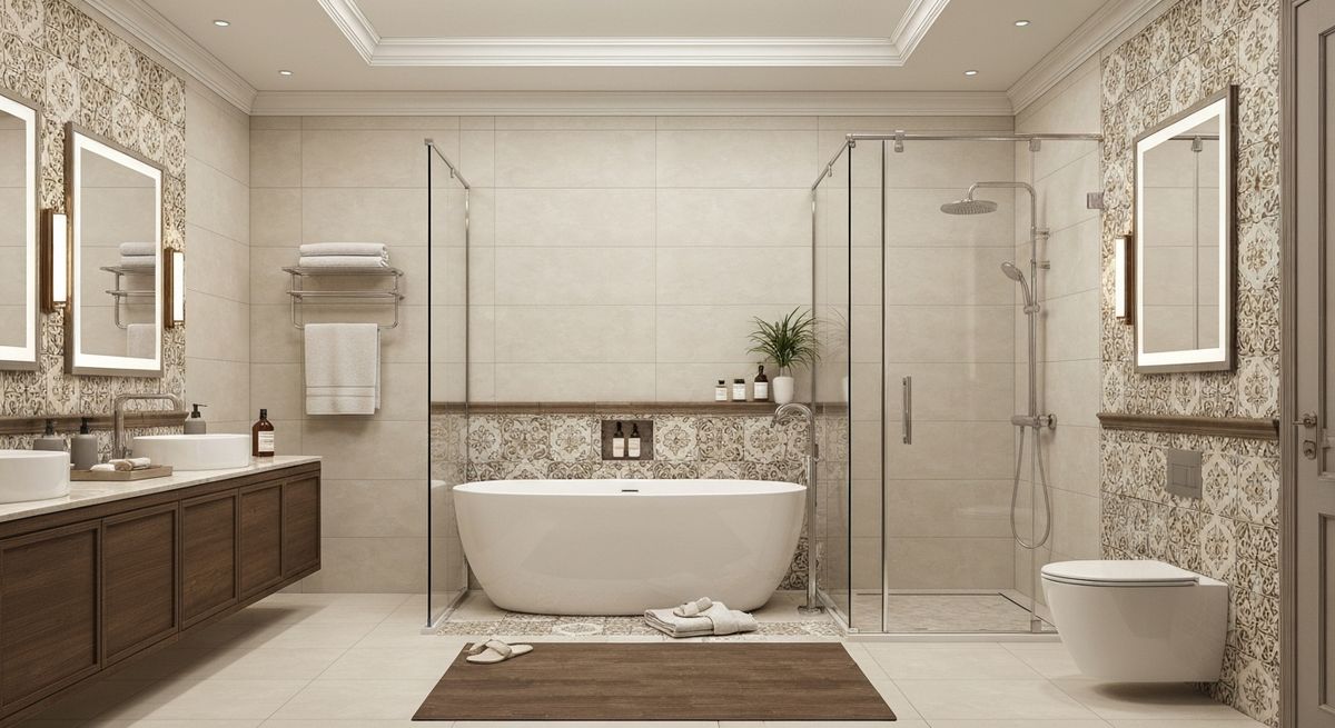 Bathroom with a freestanding tub and glass shower enclosure