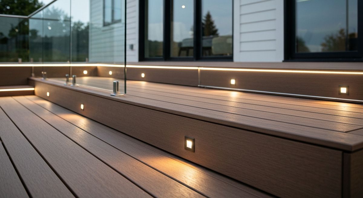 Composite deck with recessed riser lighting at dusk Composite deck with recessed riser lighting at dusk