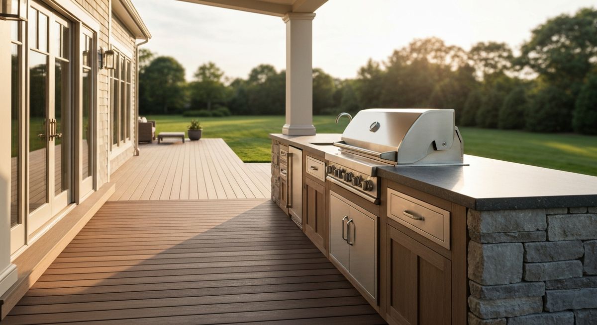 Covered deck with a built-in outdoor kitchen Covered deck with a built-in outdoor kitchen