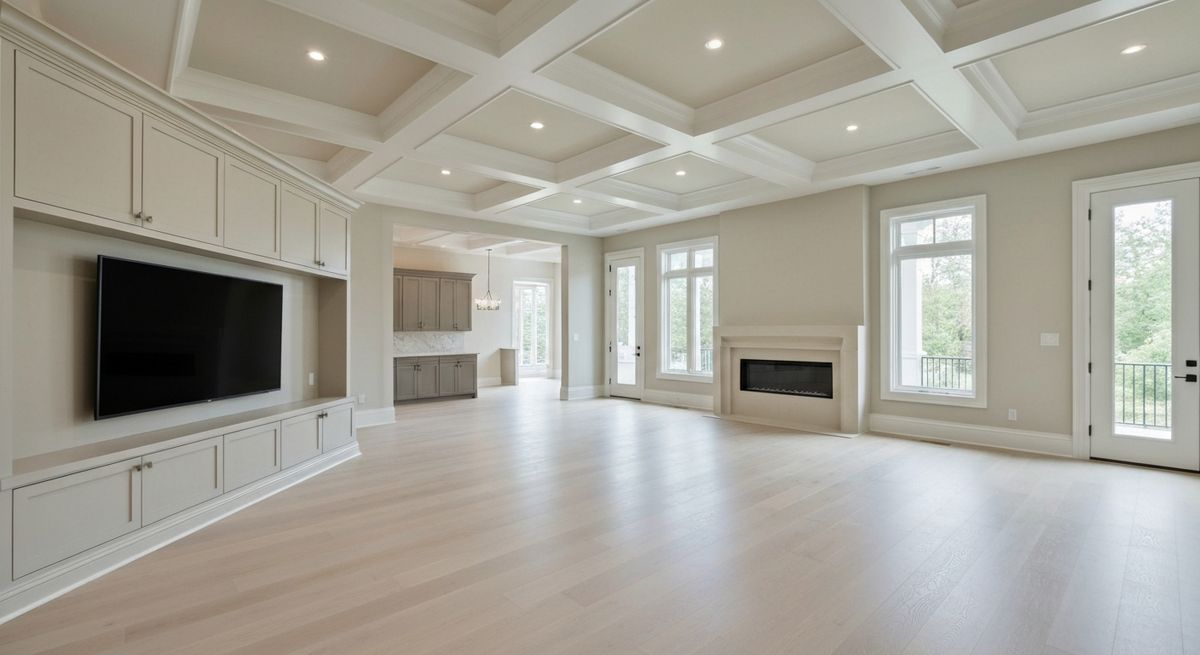Great room with a coffered ceiling and built-in cabinetry