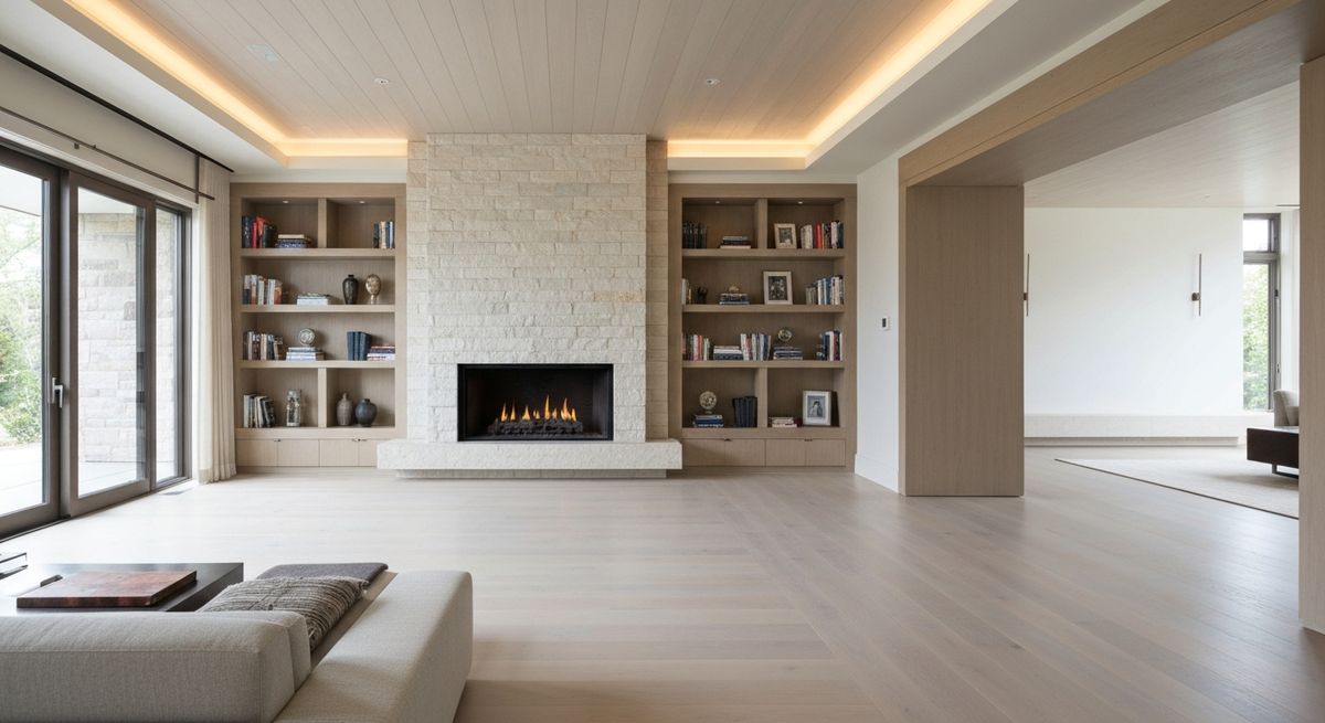 Living room with a stone fireplace and built-in shelving