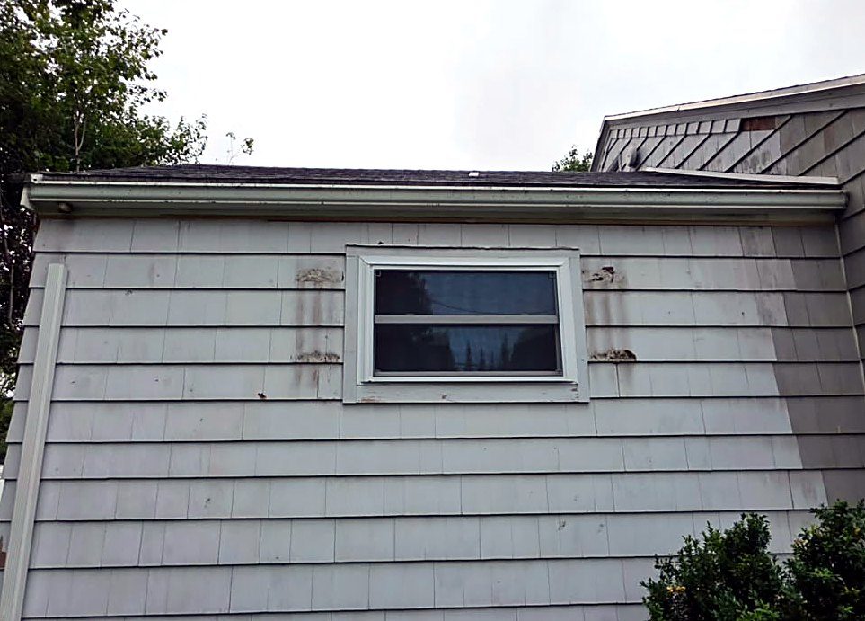 Rust streaks and blistered paint on cedar shingle siding below a window on a Worcester, MA cape — the visible sign of water getting behind the siding