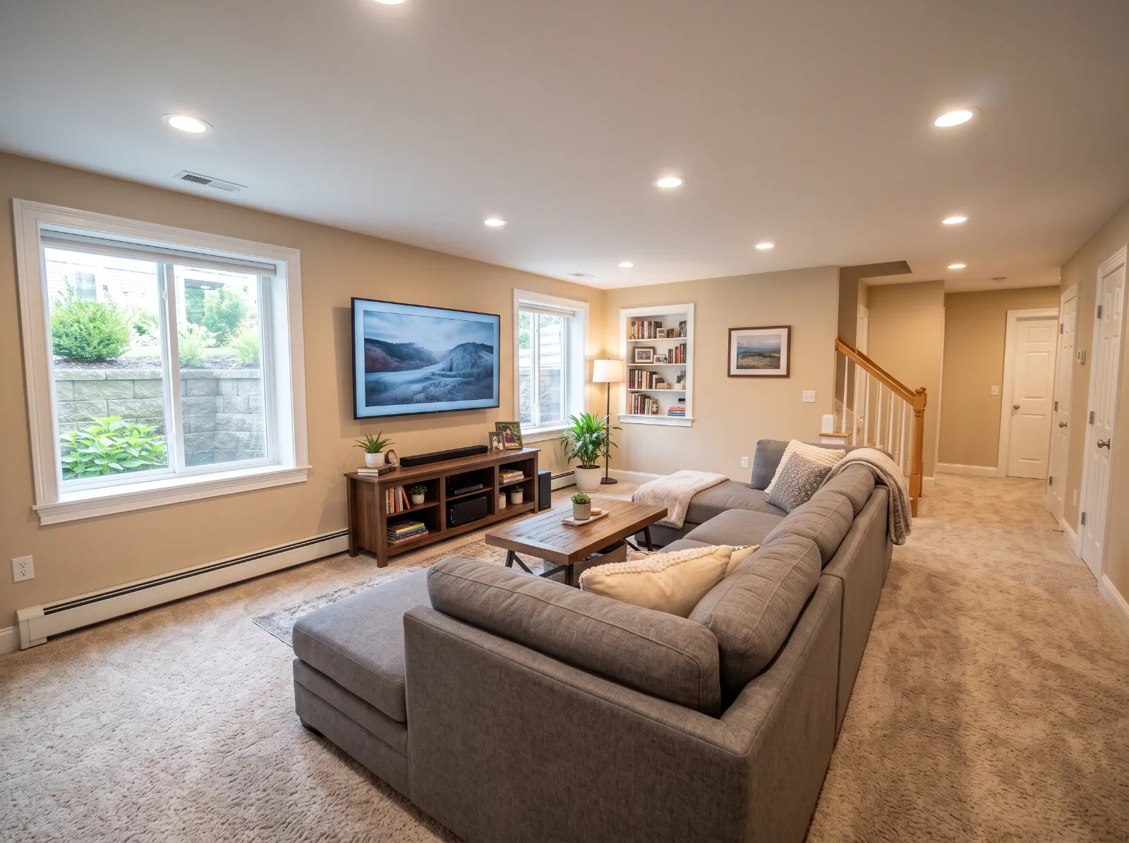 Design idea: finished basement family room with oatmeal-colored plush carpet