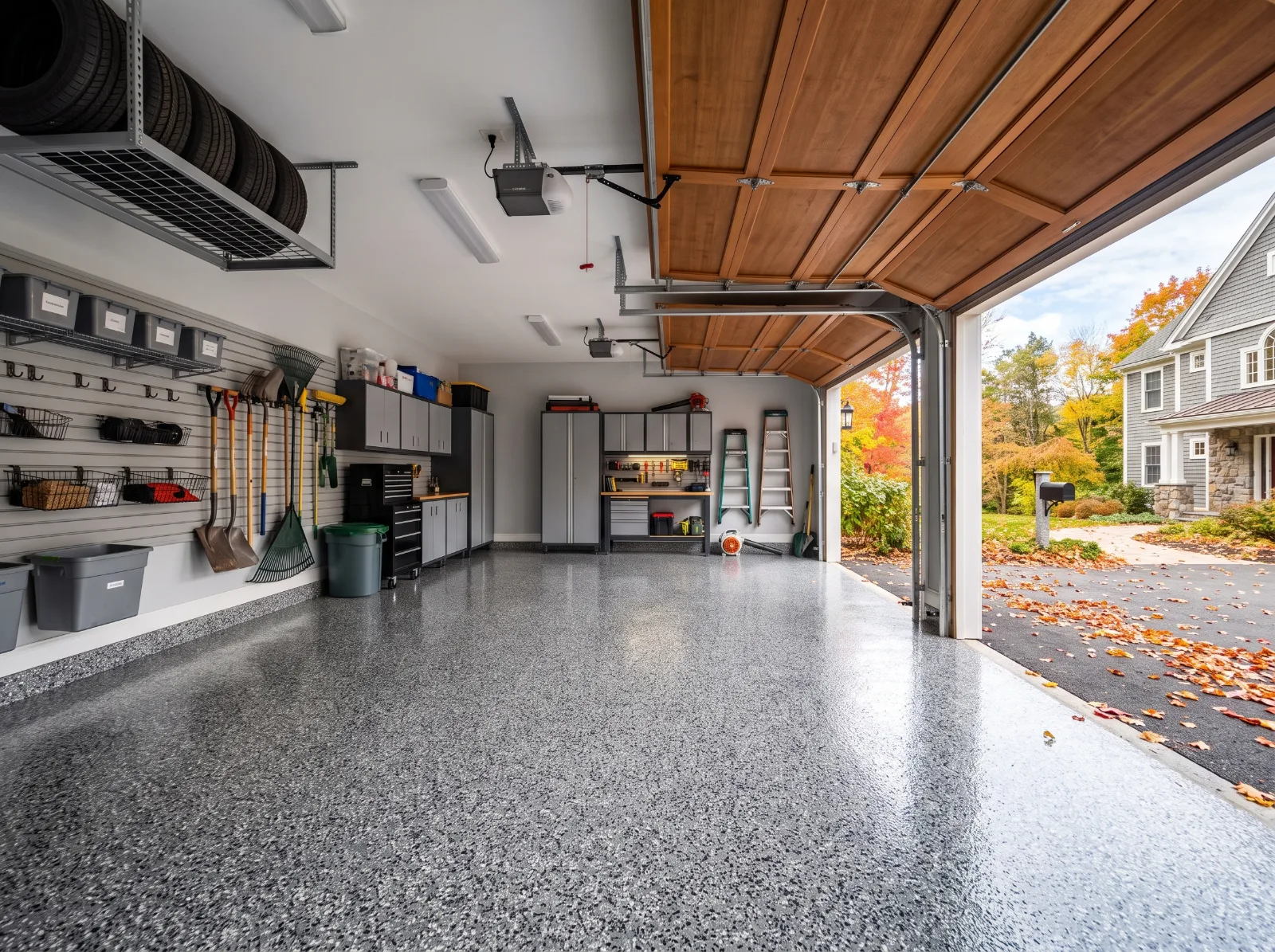 Design idea: two-car garage with a grey and black flake epoxy floor