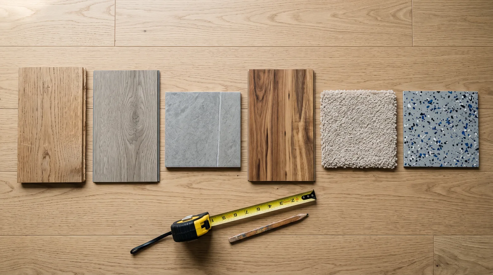 Design idea: flooring samples laid out for a homeowner consultation