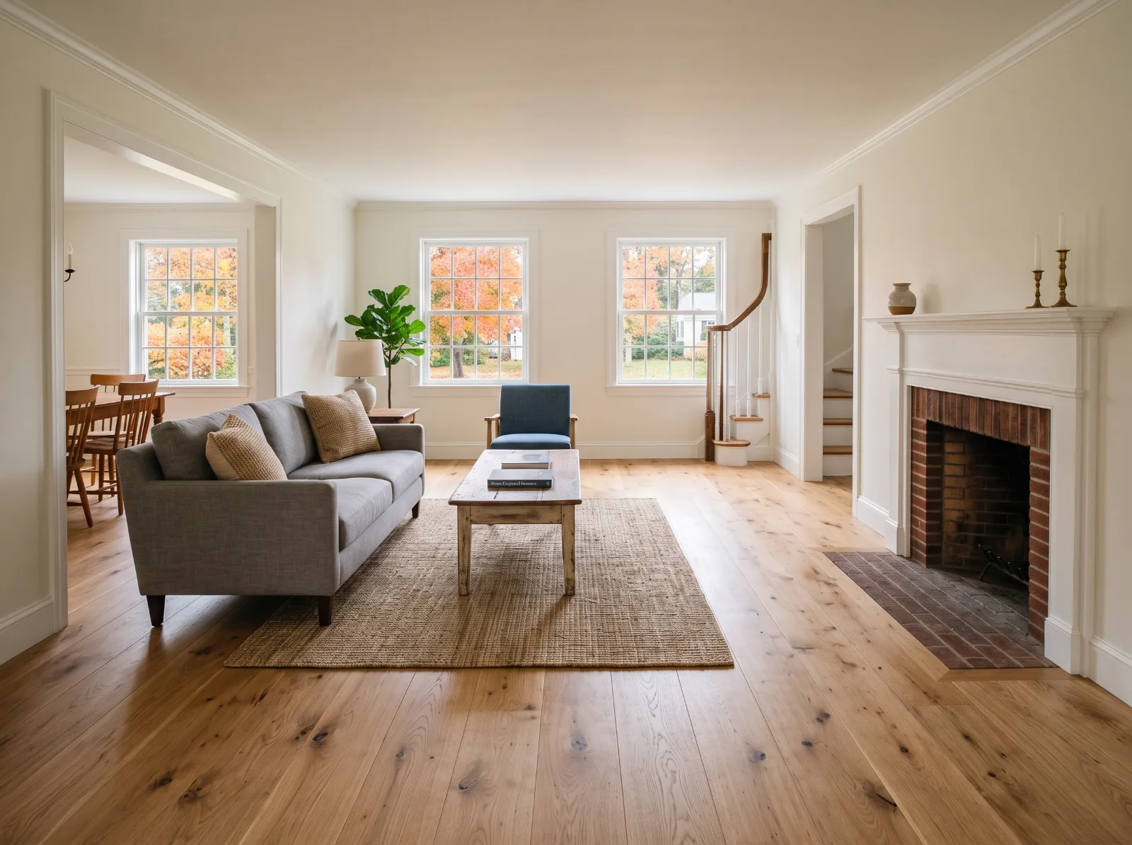 Design idea: colonial living room with wide-plank white oak hardwood floors