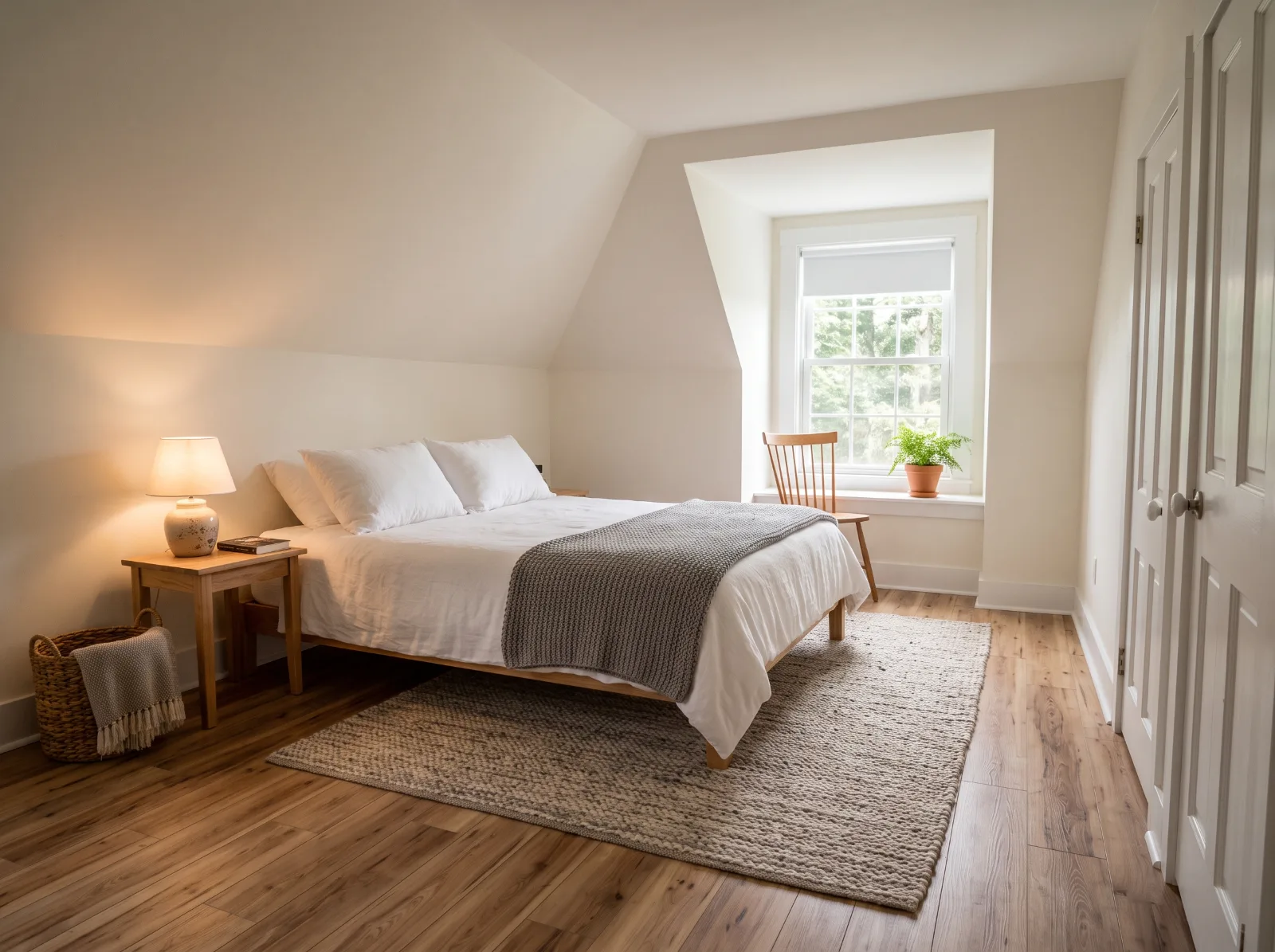 Design idea: cape-style bedroom with sloped ceiling and hickory-look laminate flooring