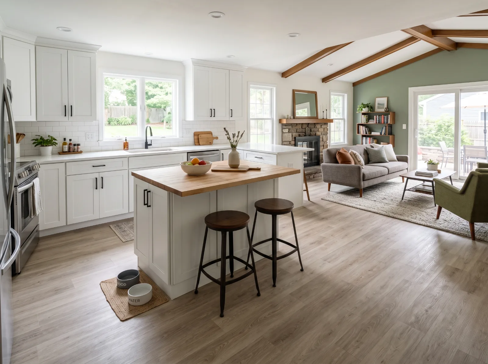 Design idea: open kitchen and family room in a ranch home with light greige oak-look luxury vinyl plank flooring