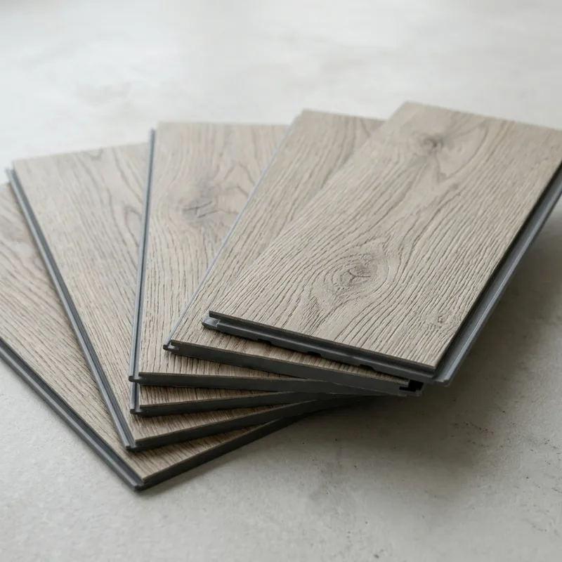 Design idea: luxury vinyl plank samples fanned out showing several oak-look colors