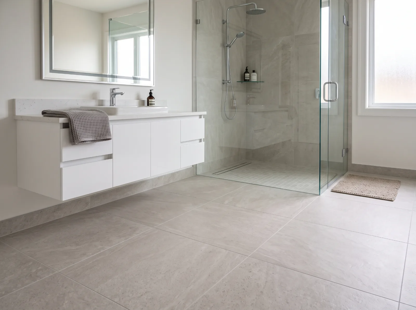 Design idea: bathroom with large-format matte grey porcelain floor tile