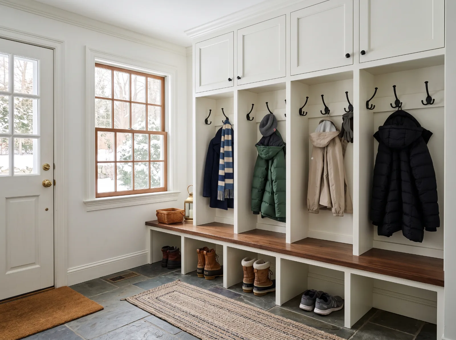Design idea: painted mudroom wall with four open lockers, a bench seat, hooks and cubbies above in a New England colonial