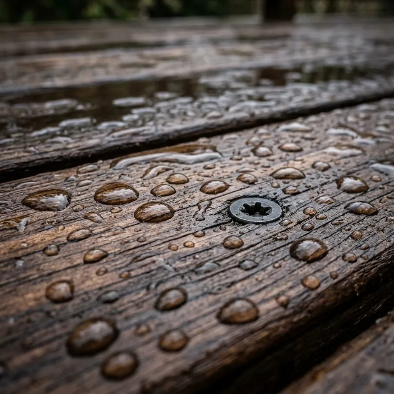 Design idea: close-up of water beading on freshly stained deck boards showing wood grain