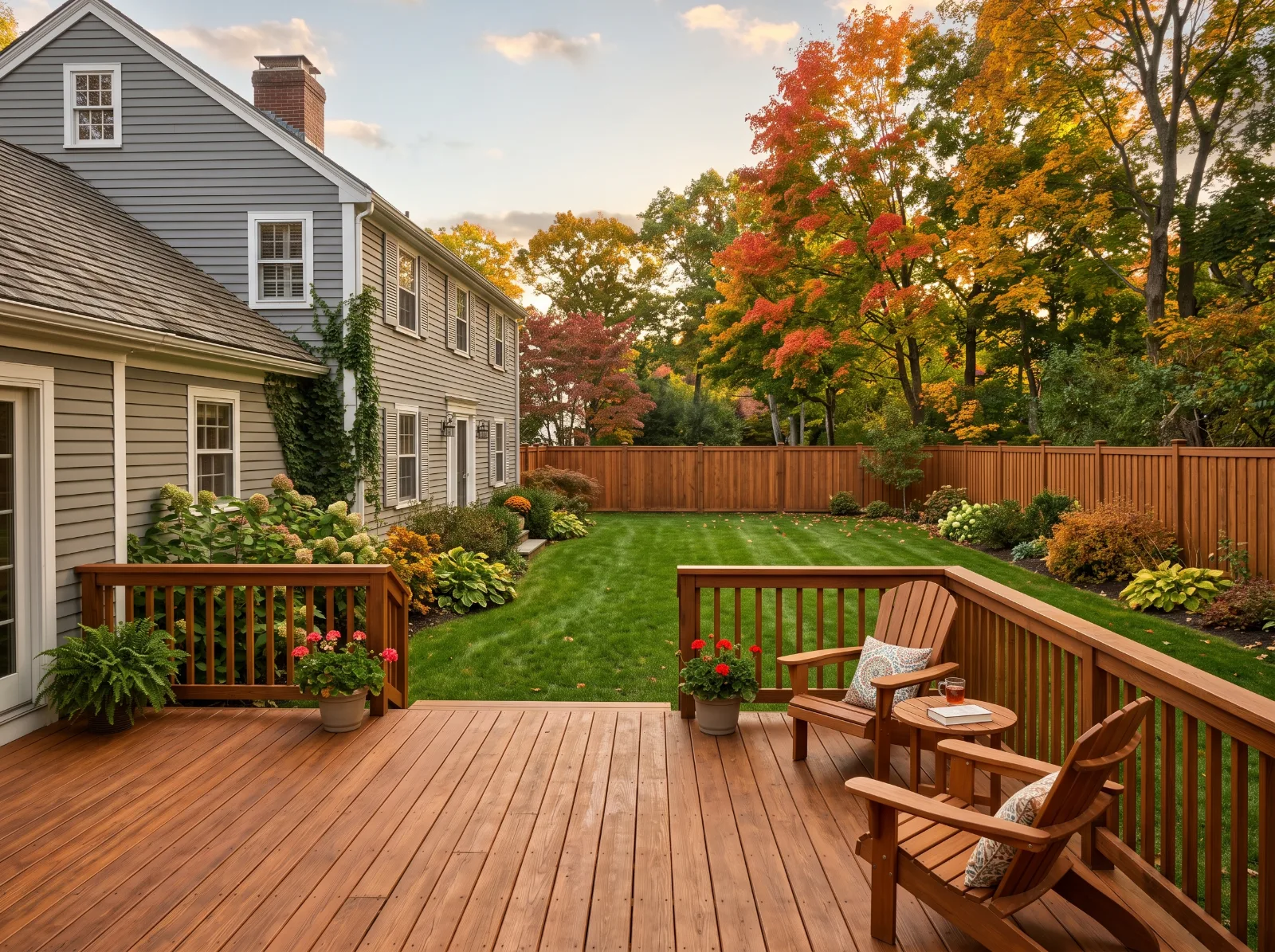 Design idea: pressure-treated wood deck with a fresh cedar-tone semi-transparent stain behind a New England colonial, with a matching stained board fence