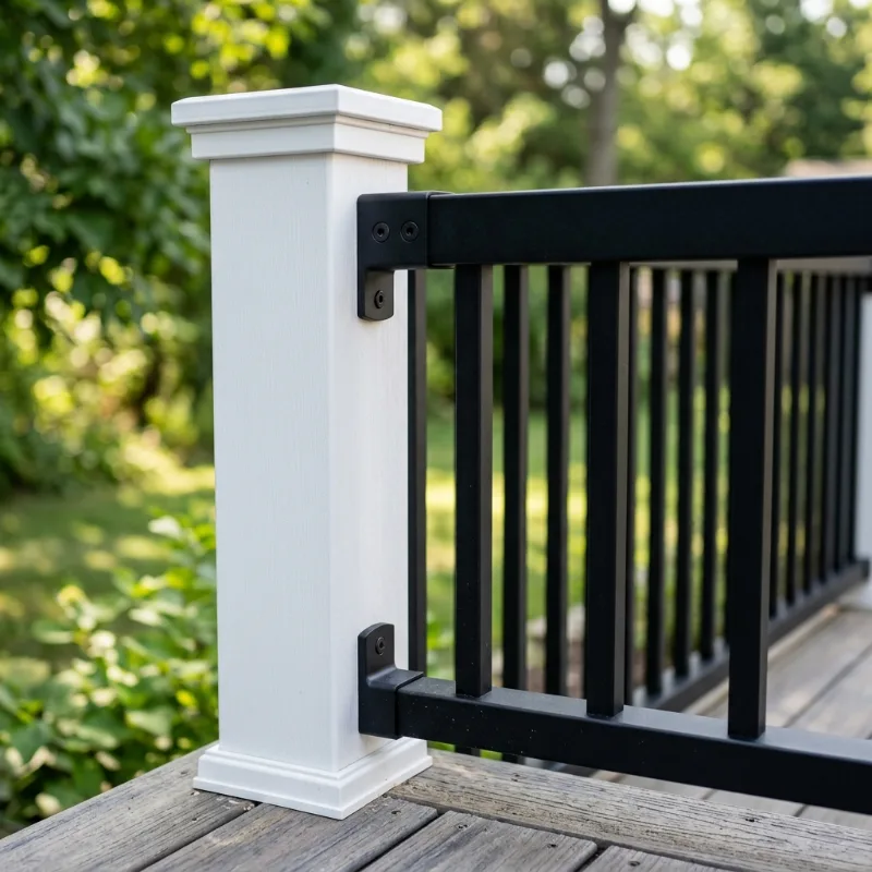 Design idea: close-up of a black aluminum baluster railing meeting a white composite post with a solid rail cap