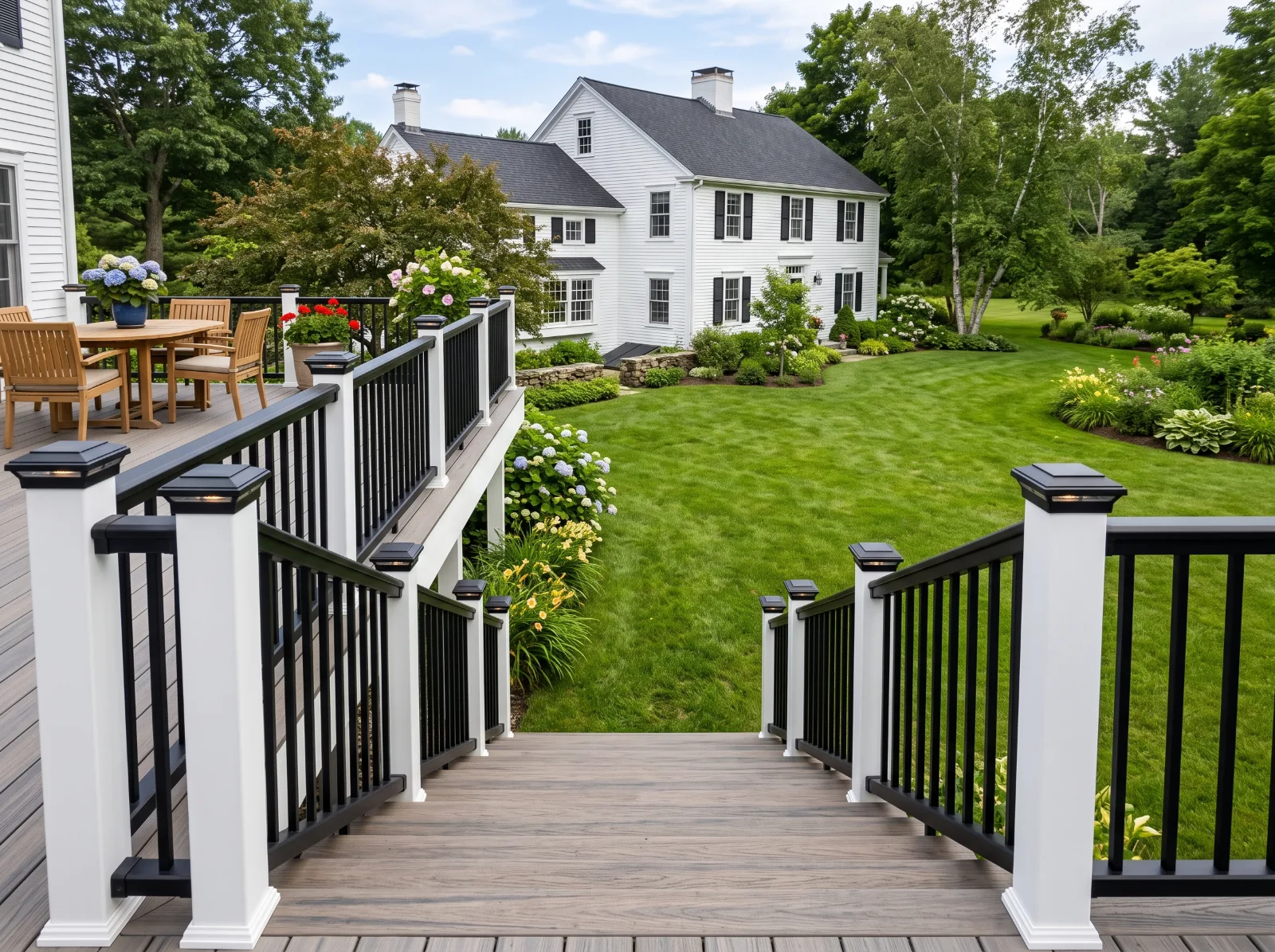 Design idea: wide deck stair with black aluminum railing and white posts leading down to a lawn behind a New England colonial