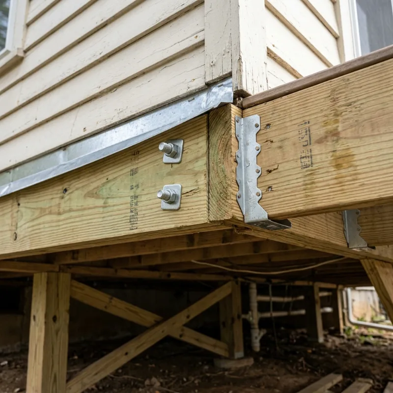 Design idea: close-up of a deck ledger bolted to a house rim with metal flashing tucked behind the siding