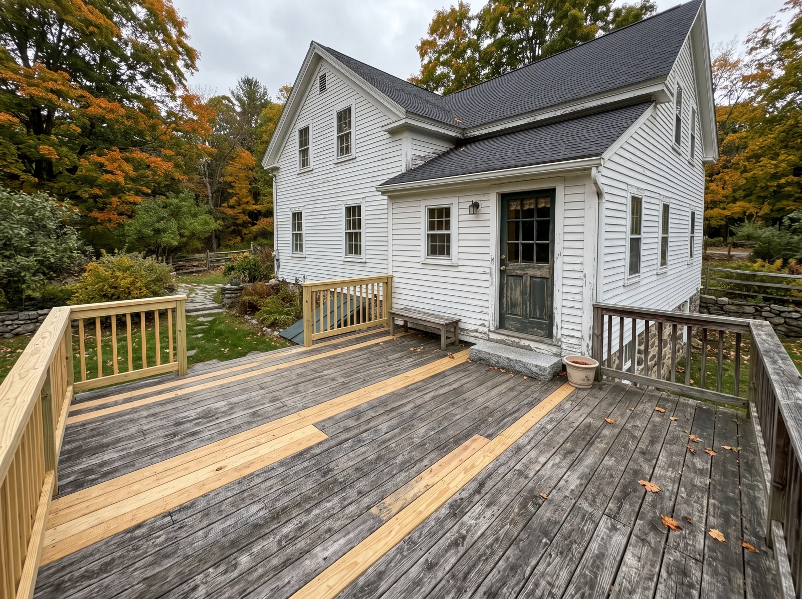Design idea: weathered grey wood deck with some new boards and a new flashed ledger on the back of an older New England home