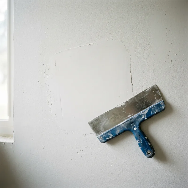 Design idea: close-up of a feathered joint compound patch on drywall ready for primer