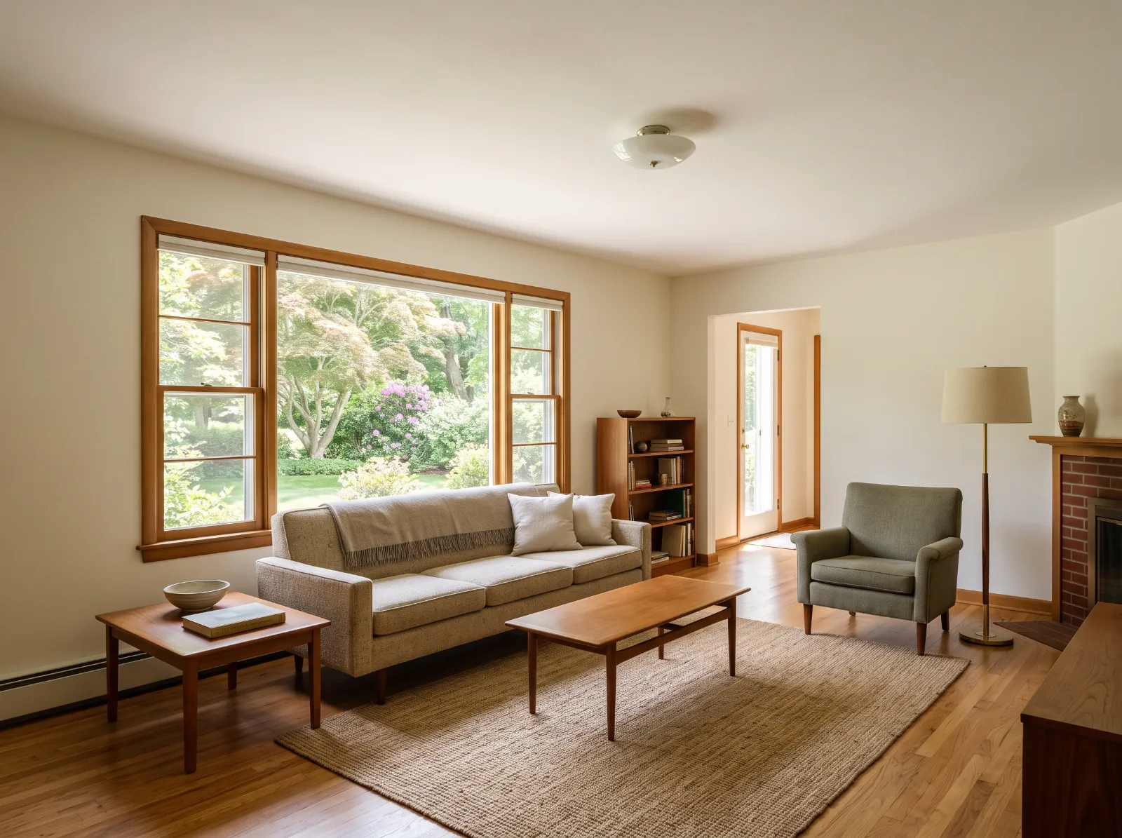 Design idea: freshly painted living room wall and ceiling in a ranch house with smooth, even matte finish