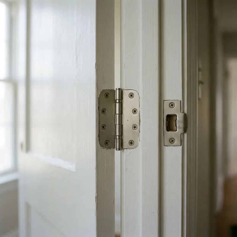 Design idea: close-up of a painted door edge, hinge and latch set in a wood jamb
