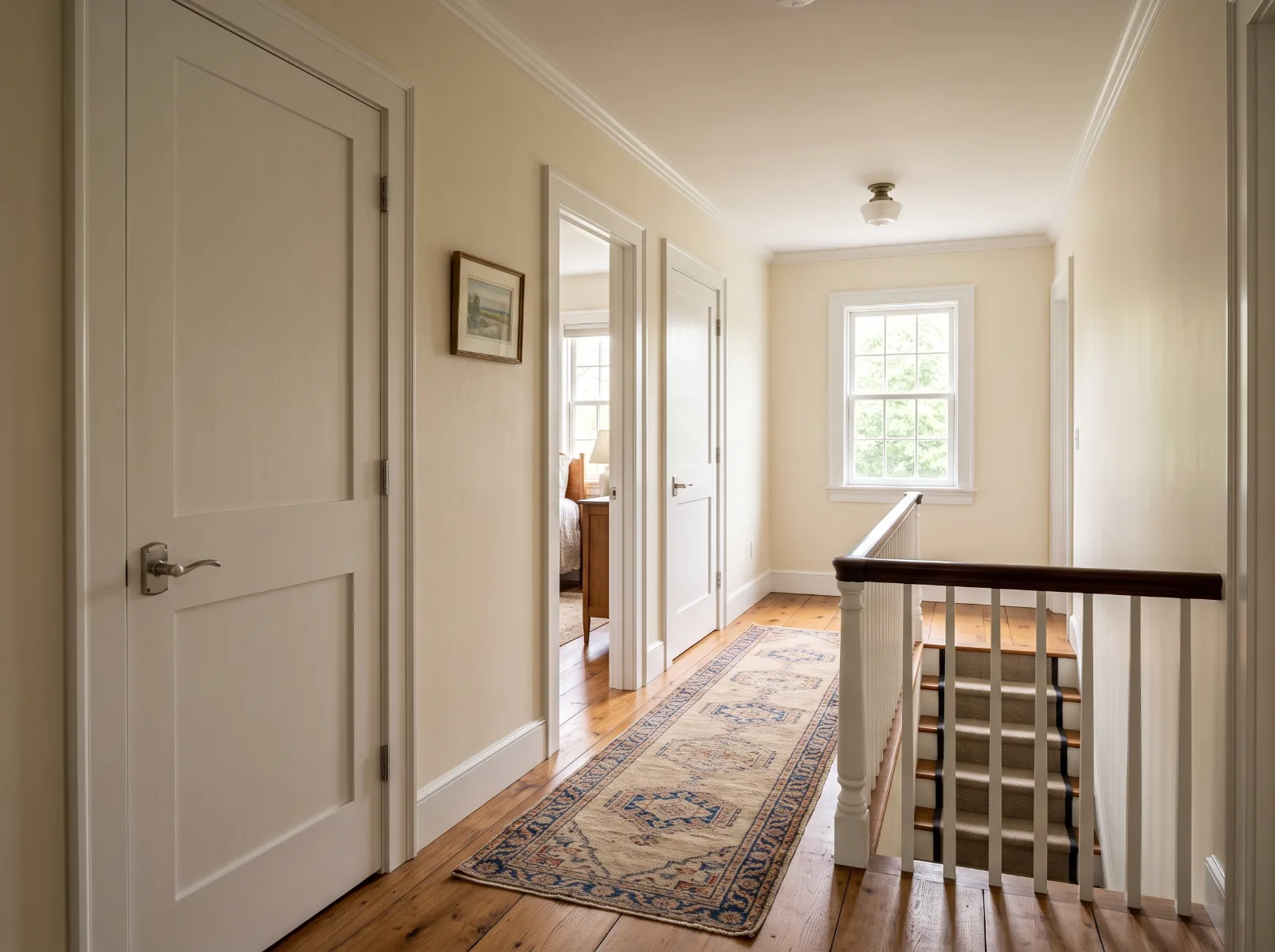 Design idea: upstairs hallway in a New England colonial with painted two-panel solid-core doors and matching casing