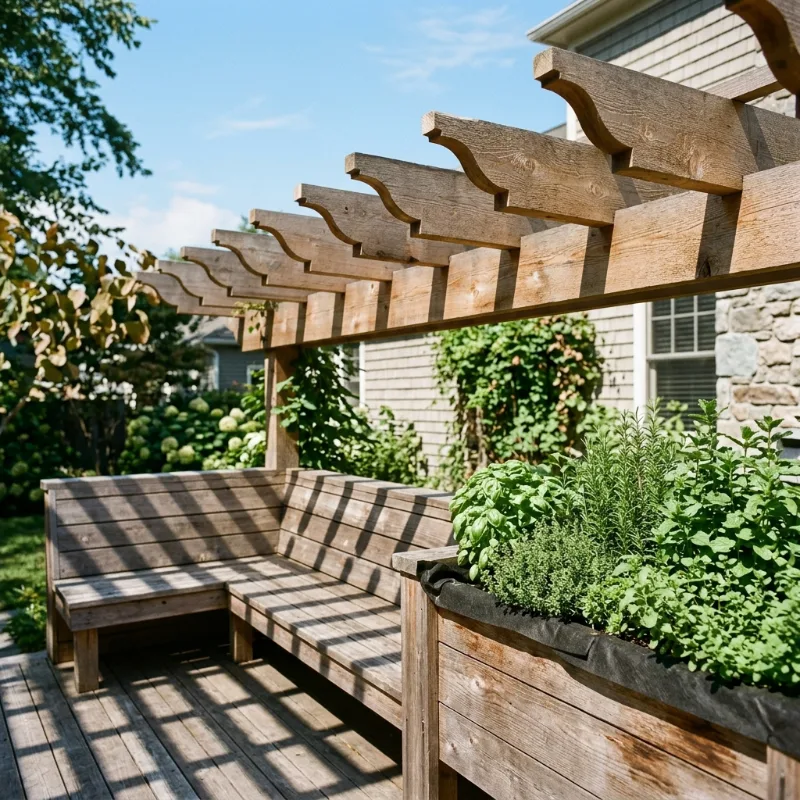 Design idea: close-up of open-top pergola rafter tails and a built-in deck bench with a planter box