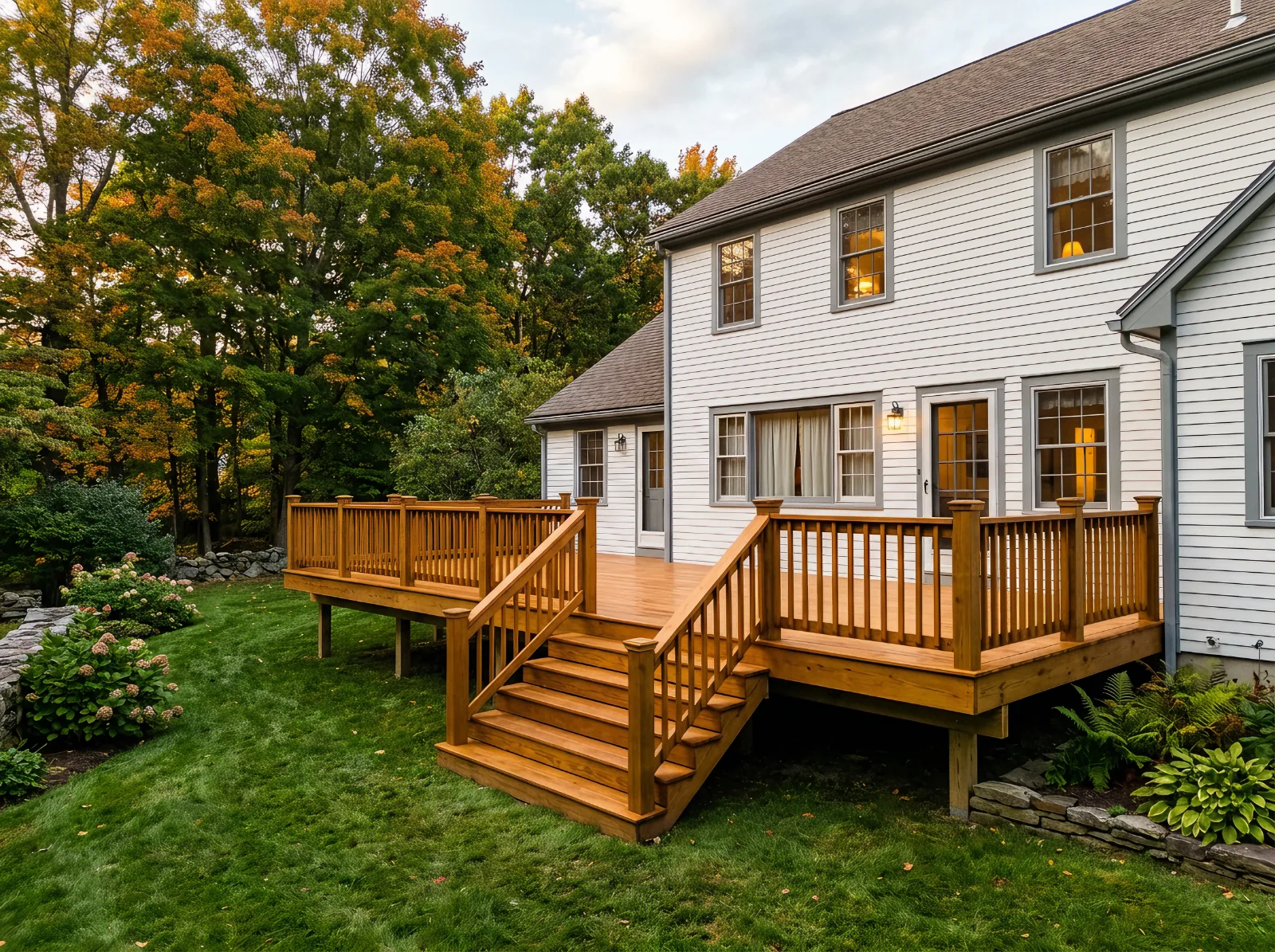 Design idea: pressure-treated wood deck with a honey-brown semi-transparent stain off the back of a New England colonial