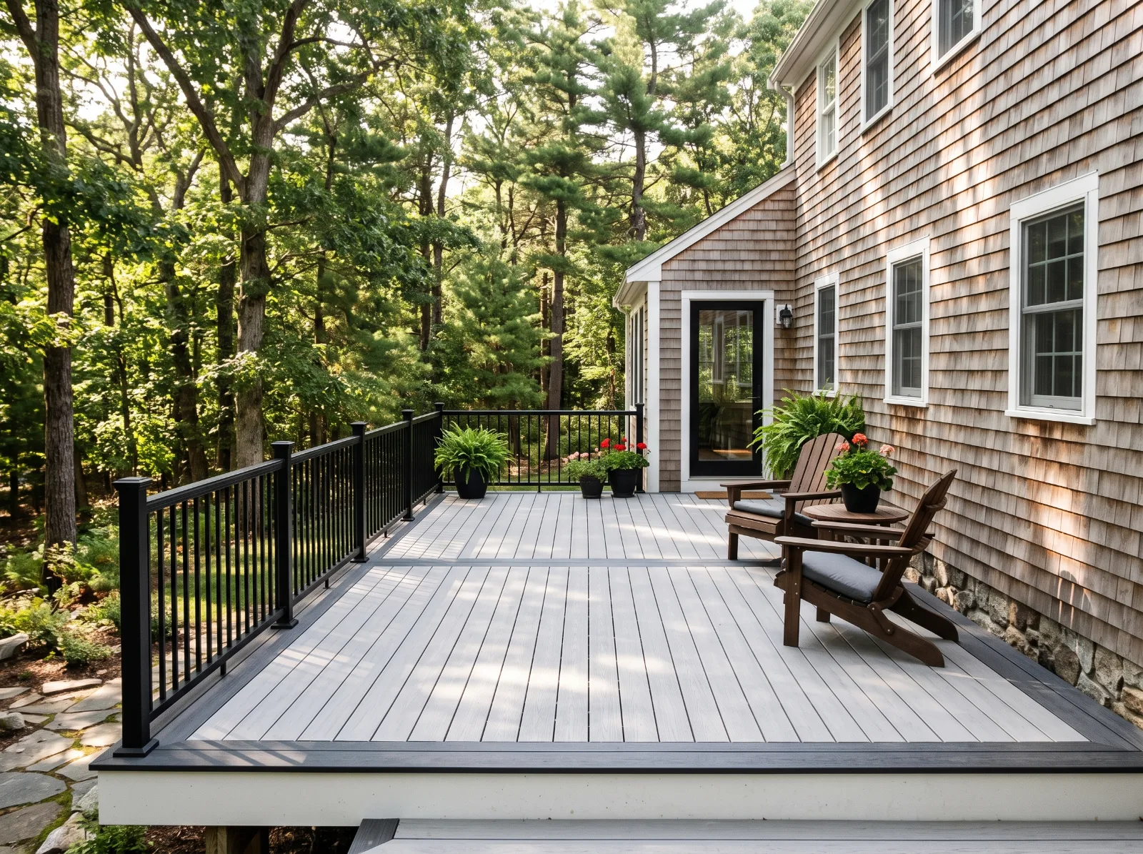 Design idea: light grey PVC deck with a contrasting darker border off a shingle-style New England home backed by woods