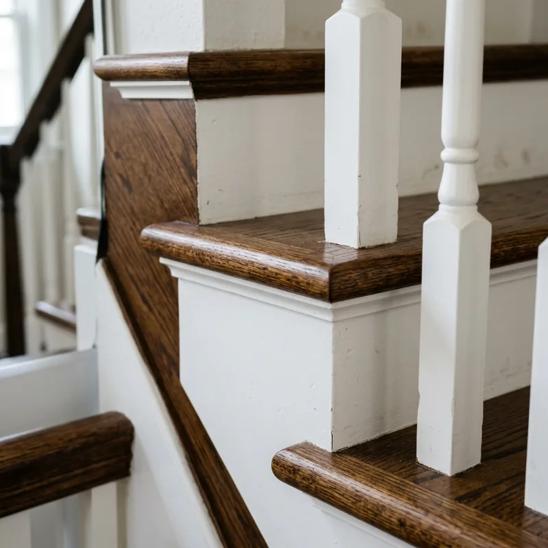 Design idea: close-up of a stained oak stair tread with a rounded nosing over a white painted riser