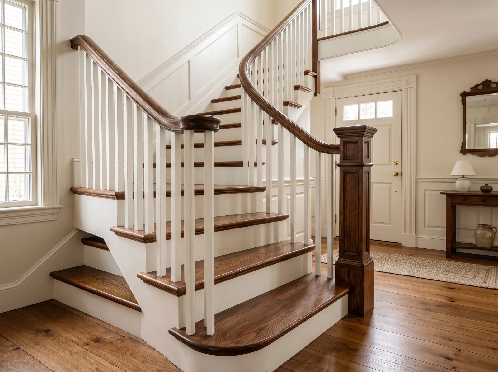 Design idea: front-hall staircase in a New England colonial with stained oak treads, white risers, white balusters and a dark wood handrail