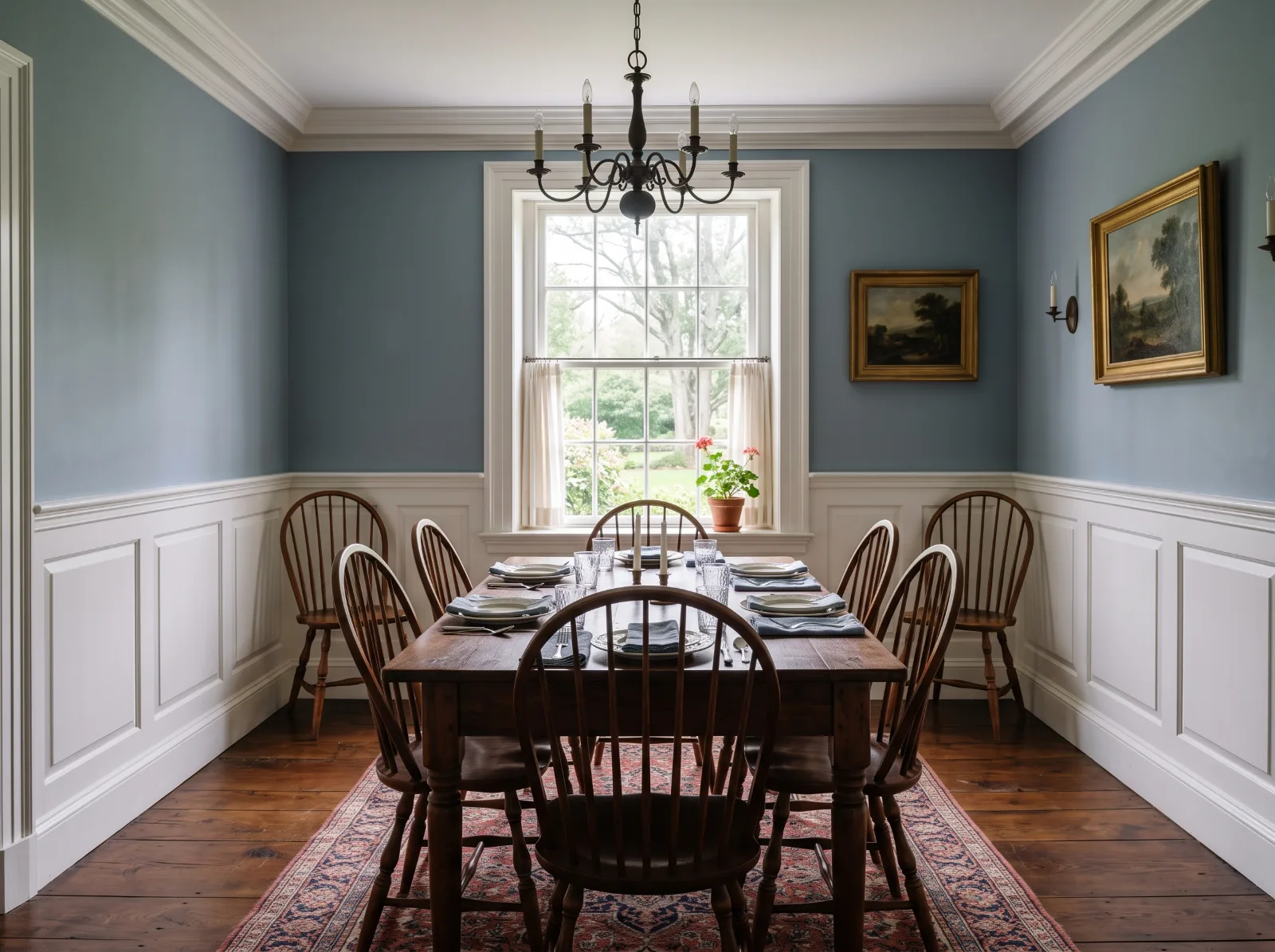 Design idea: colonial dining room with white raised-panel wainscoting, a chair rail and painted crown molding
