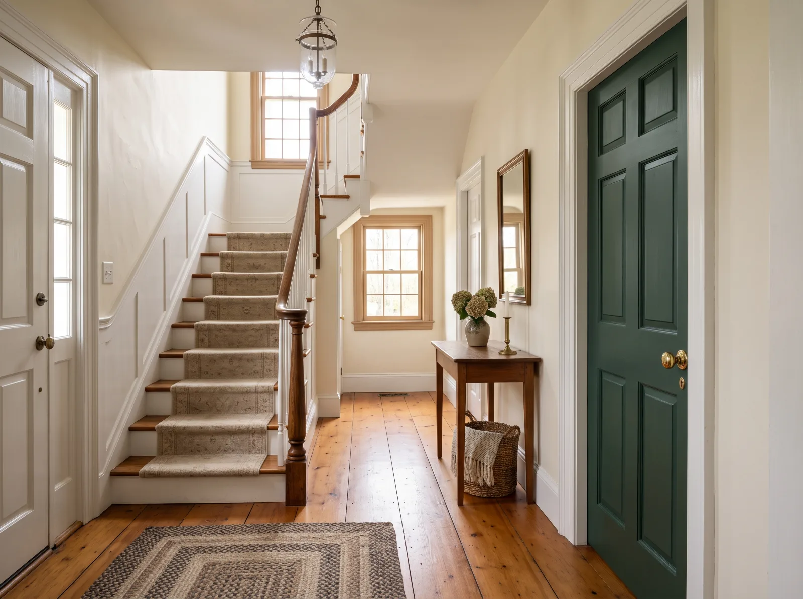 Design idea: front hall of a colonial with crisp white trim, a deep green paneled door and a painted staircase with a stained handrail