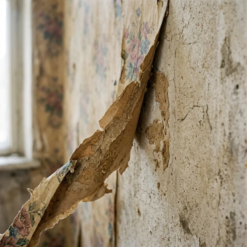 Design idea: close-up of a strip of old patterned wallpaper peeling back from a plaster wall