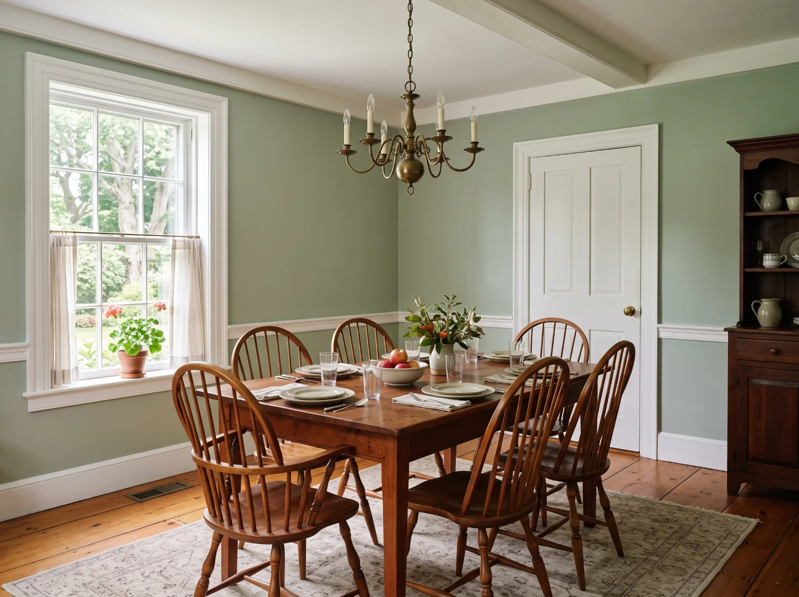 Design idea: dining room in an older colonial with smooth, freshly painted walls in a soft muted green where wallpaper used to be